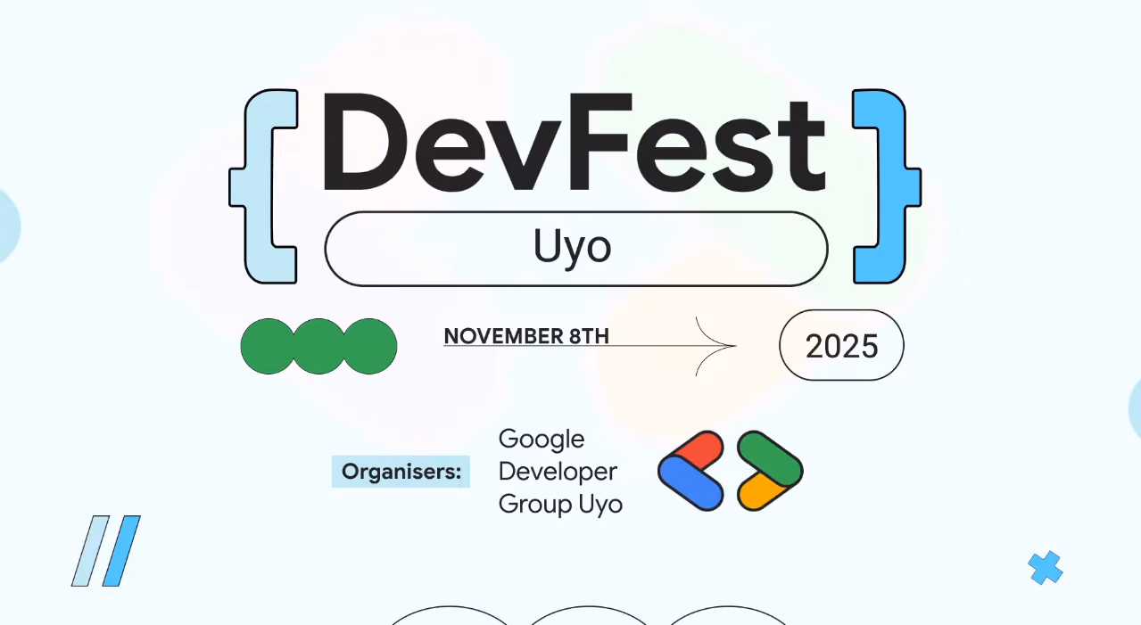 DevFest Uyo 2025 title card: November 8th, organised by Google Developer Group Uyo